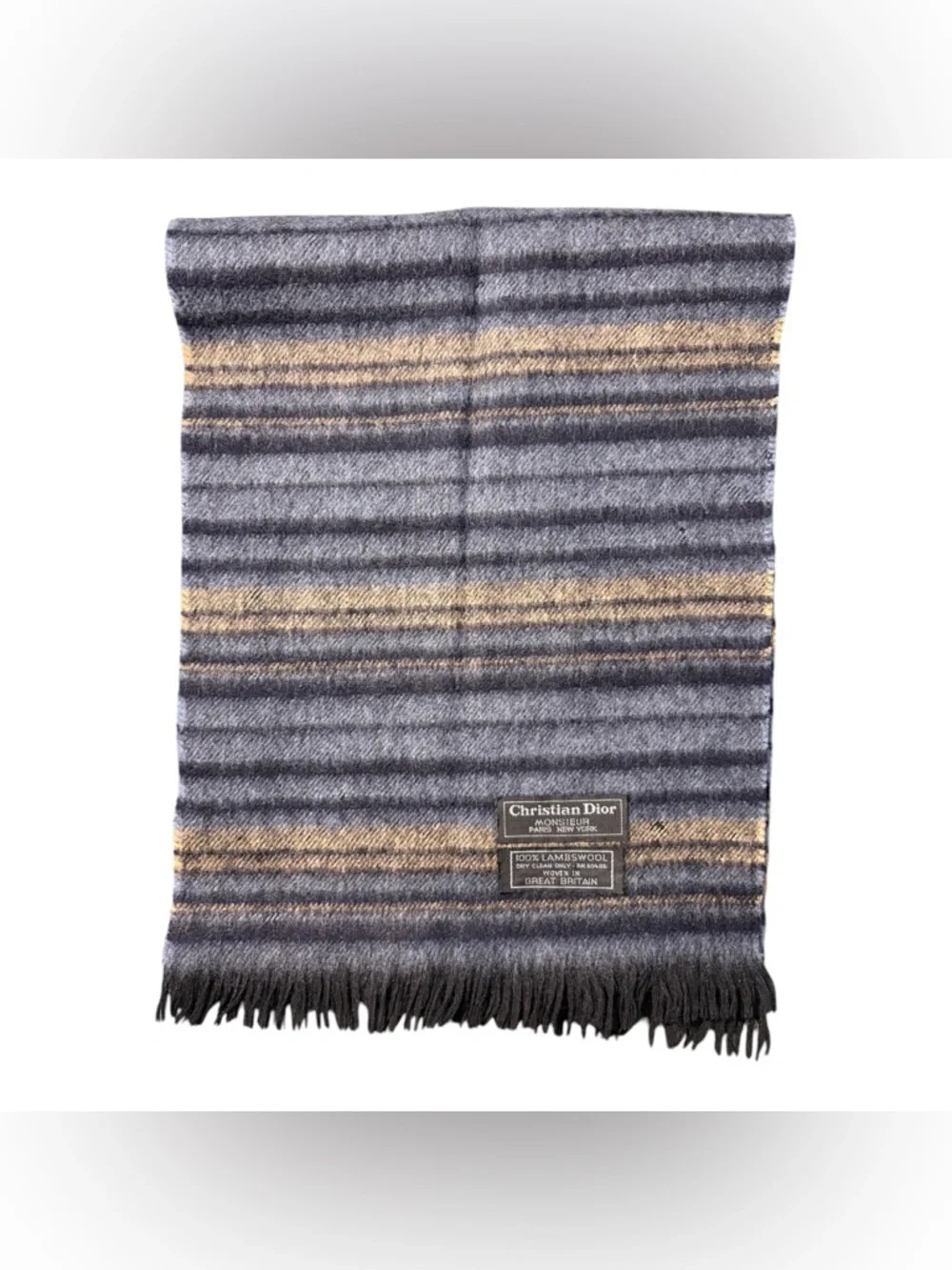 Vintage Christian Dior Monsieur 100% Lambswool Scarf w Fringe Blue Brown Striped